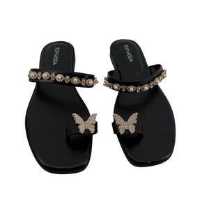 Top Moda Ariel-1 Black Butterfly Rhinestone Pearl Toe Ring Sandals Women 7.5 NEW